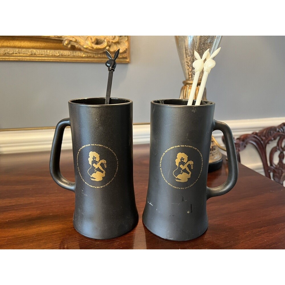 VTG 60s Playboy Club Bunny Gold Logo Black Glass Beer Mug Stein Set Stirrers